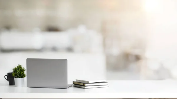 Close up view of simple workspace with laptop, notebooks, coffee cup and tree pot on white table with blurred office room 