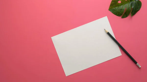 Vista dall'alto di elegante spazio copia con carta da disegno su sfondo tavolo rosa — Foto Stock