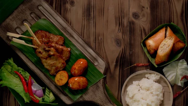 Верхній Вид Тайської Традиційної Вуличної Їжі Пінг Або Смажена Свинина — стокове фото