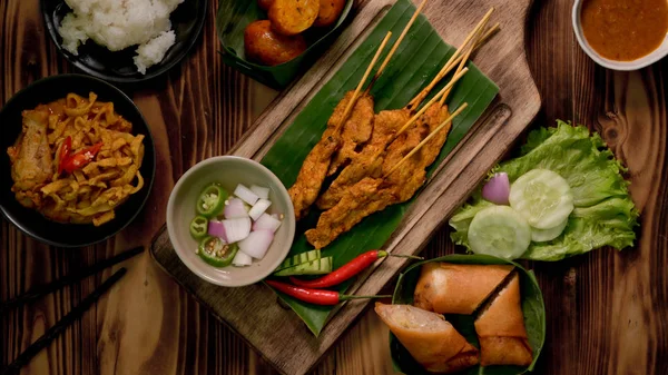 Vista Superior Comida Rua Tradicional Tailandesa Com Satay Porco Com — Fotografia de Stock