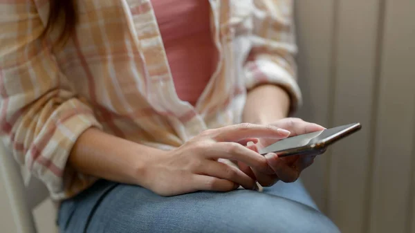 Close View Female Using Blank Screen Smartphone Her Lap While — Stock Photo, Image