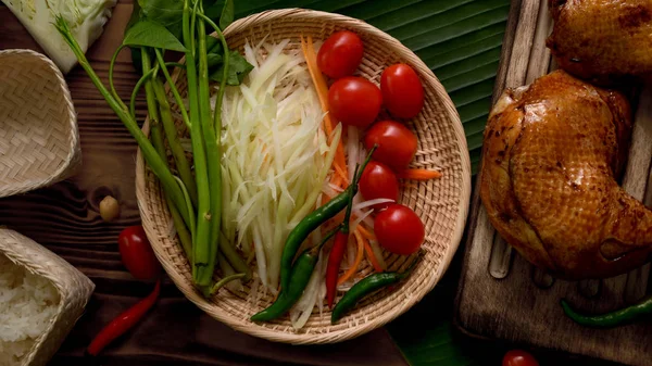 Top Pohled Ingredience Somtum Nebo Papája Salát Thajské Tradiční Jídlo — Stock fotografie