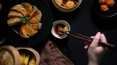 Kızarmış Japon Gyoza köftesi, Çin mantısı ve Çin lokantasında soya sosuyla servis edilen tuzlu yumurtalı domuz köftesi yiyen kadınların en iyi görüntüsü. 