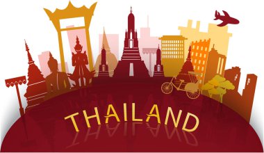 Tayland seyahat illüstratörü: Tayland 'ın ünlü simgeleri ve kağıt kesim stili, kırmızı arka planlı turistik cazibesi 