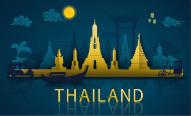 Tayland seyahat illüstratörü: Tayland 'ın ünlü simgeleri ve kağıt kesim stili, koyu mavi arka planlı turistik cazibesi 