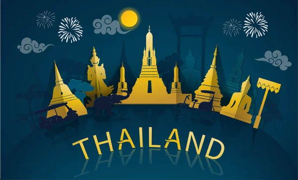 タイ旅行イラストレーター 紙カットスタイルでタイの有名なランドマークや観光名所 濃い青の背景 — ストックベクタ