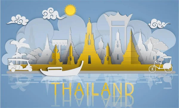 タイ旅行イラストレーター 紙カットスタイルでタイの有名なランドマークや観光名所 ライトブルーの背景 — ストックベクタ