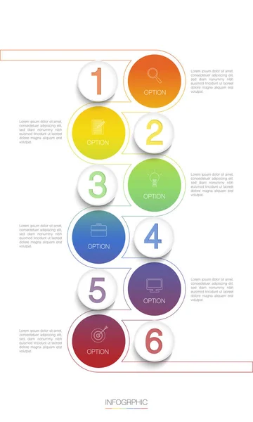 Modèle Infographie Chronologie Verticale Illustration Vectorielle Avec Cercles Colorés Flux — Image vectorielle