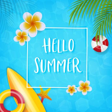 Summer beach concept infographic, Vector illustrator with flower, coconut leaves and summer beach accessories on light blue background   