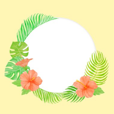 Çiçek vektörü, elle çizilmiş suluboya yaprakları ve çiçekli yaz çiçeği şablonu, sarı arka planda güzel bir çelenk için yer