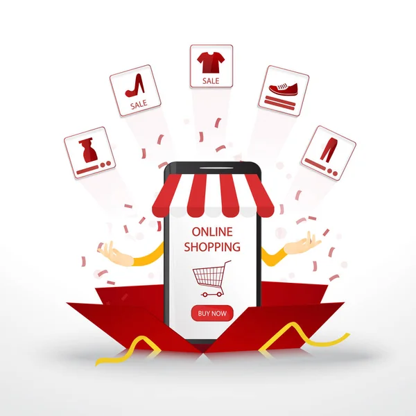 Modern Online Shoppen Concept Voor Webbanner Vector Illustratie Met Smartphone — Stockvector