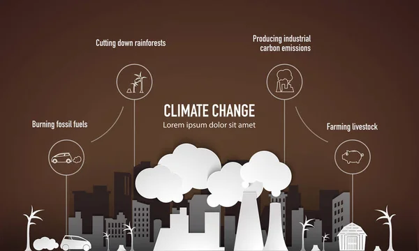 Moderne Klimawandel Infografik Vektorillustration Mit Papiergeschnittener Stadt Auf Braunem Hintergrund — Stockvektor