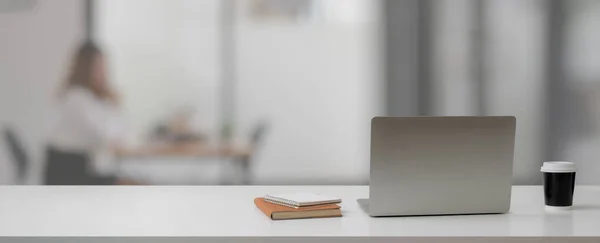 Cropped Shot Portable Workplace Open Laptop Notebook Coffee Cup Copy — Stock Photo, Image