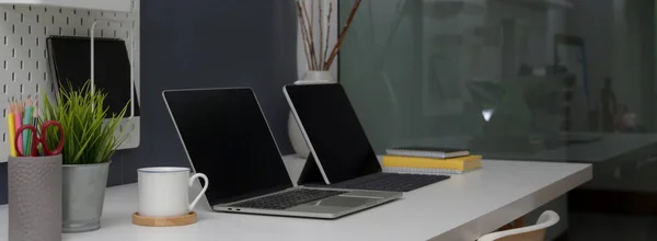 Side View Minimal Office Desk Digital Devices Supplies Decorations White — Stock Photo, Image