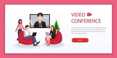Vektör illüstrasyonunun video konferansı, ev konsepti bilgisinden çalışma ve metin için yer 