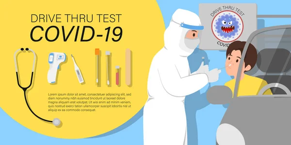 Coronavirus COVID-19 test bilgileri yoluyla sürüş, tam koruyucu kıyafet içinde tıbbi çalışanlarla vektör illüstrasyon ve tıbbi cihaz müşterilerden örnek alır