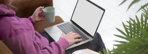 Work Home Concept Businesswoman Working Blank Screen Laptop Her Lap — Stock Photo, Image