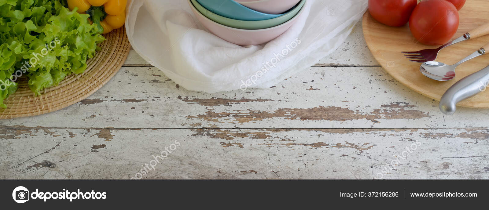 Cropped Shot Plank Kitchen Table Vegetables Wooden Tray Bowls Dish