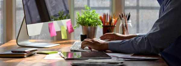 Side View Graphic Designer Typing Computer Keyboard While Working Designer — Stock Photo, Image