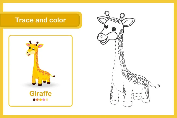 Drawing Worksheet Preschool Kids Trace Colour Giraffe — Stock Vector