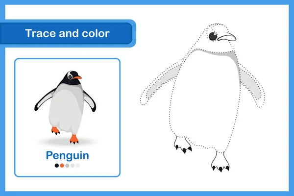 Hoja Trabajo Dibujo Para Niños Edad Preescolar Trazo Color Pingüino — Vector de stock