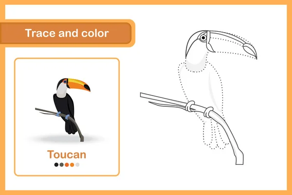 Ritningskalkylblad För Förskolebarn Trace Och Färg Toucan — Stock vektor