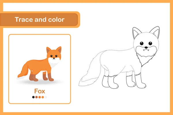 Drawing Worksheet Preschool Kids Trace Colour Fox — Stock Vector