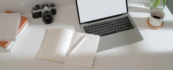 Cropped Shot Simple Home Office Desk Mock Laptop Diary Notebooks — Stock Photo, Image