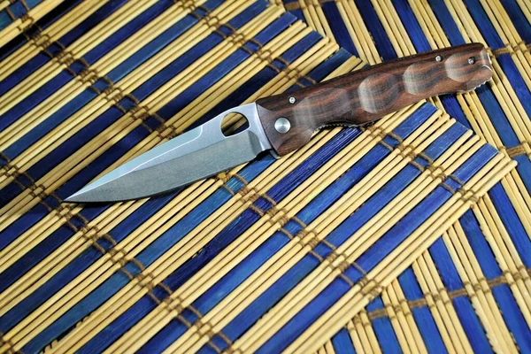 Folding Knife Stainless Steel Blade Brown Wood Handle Blue Natural — Stock Photo, Image