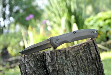 Katlanan bıçak paslanmaz çelik kesici alüminyum gri saplı yeşil ahşap kapak durgun yaşam arka planı