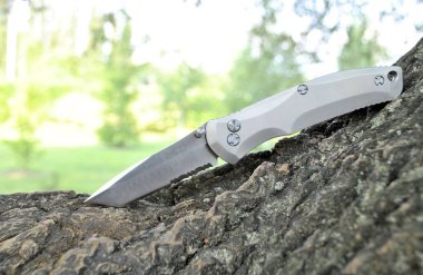 Katlanan, paslanmaz çelik, keskin, alüminyum, gri saplı yeşil doğa ağacını kapatın.