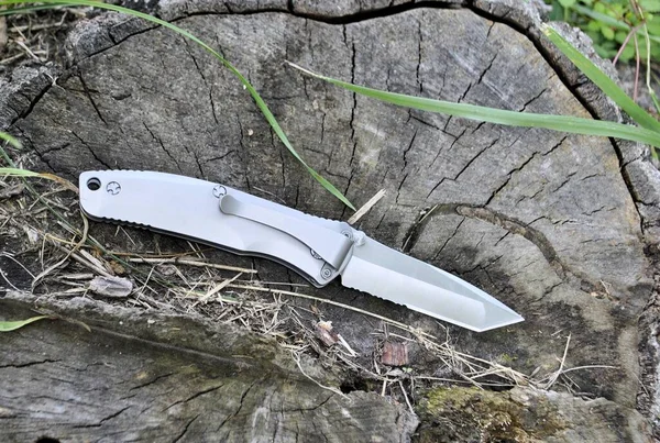 Military folding knife stainless steel sharp blade aluminum gray handle tree close up still life background