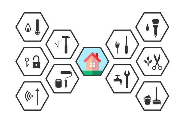 Concepto Gestión Inmobiliaria Con Herramientas Construcción Trabajo Línea Art — Archivo Imágenes Vectoriales