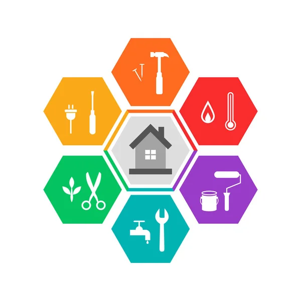 House Work Tools Concept Colorful Flat Design Icons Hexagon Shape — Stock Vector