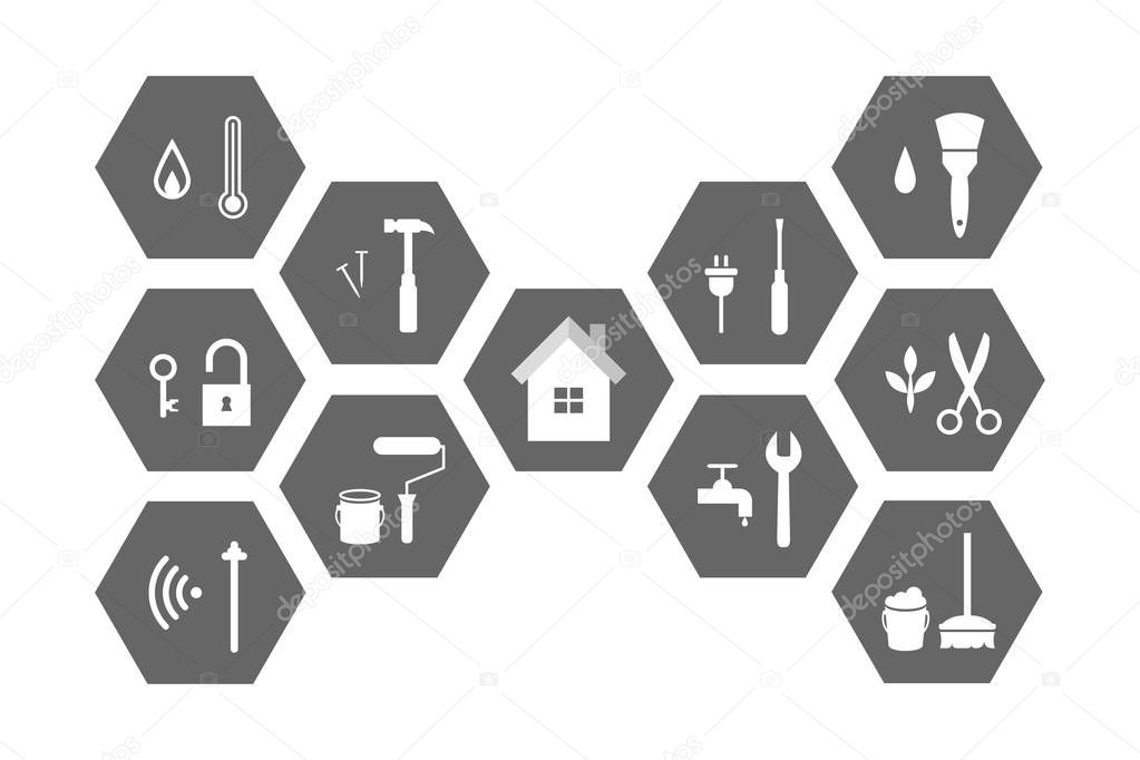Facilities management concept with building and working tools. Extensive icon set and illustration.