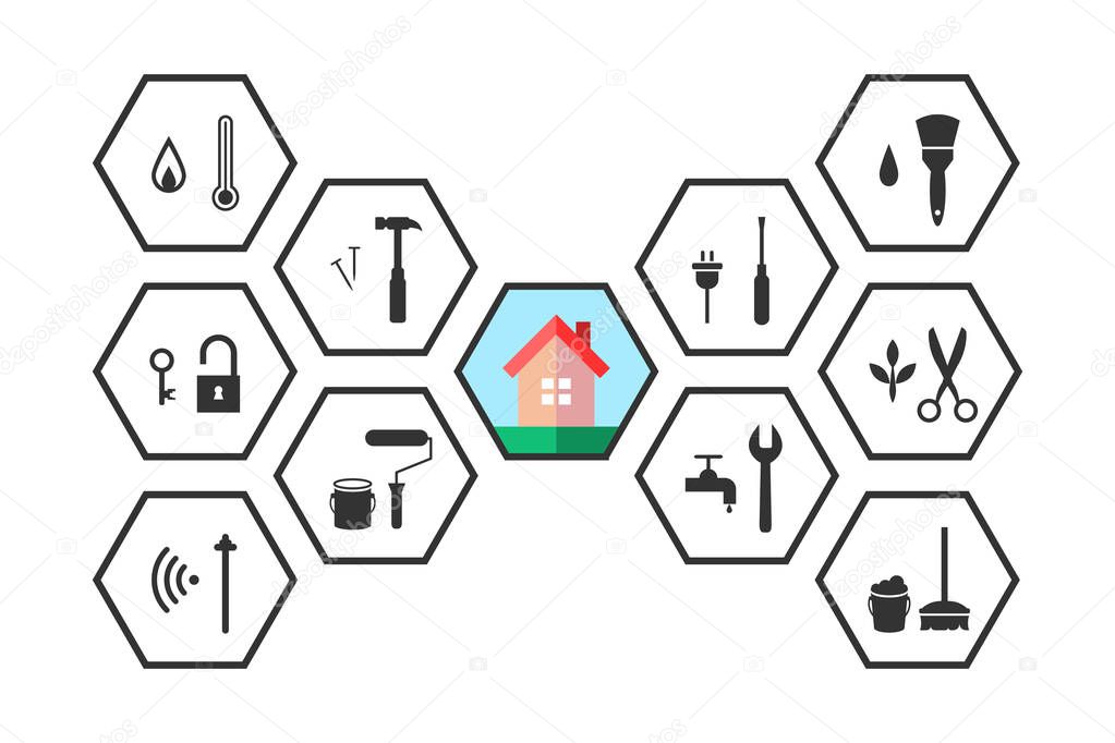 Property management concept with building and working tools set in line art