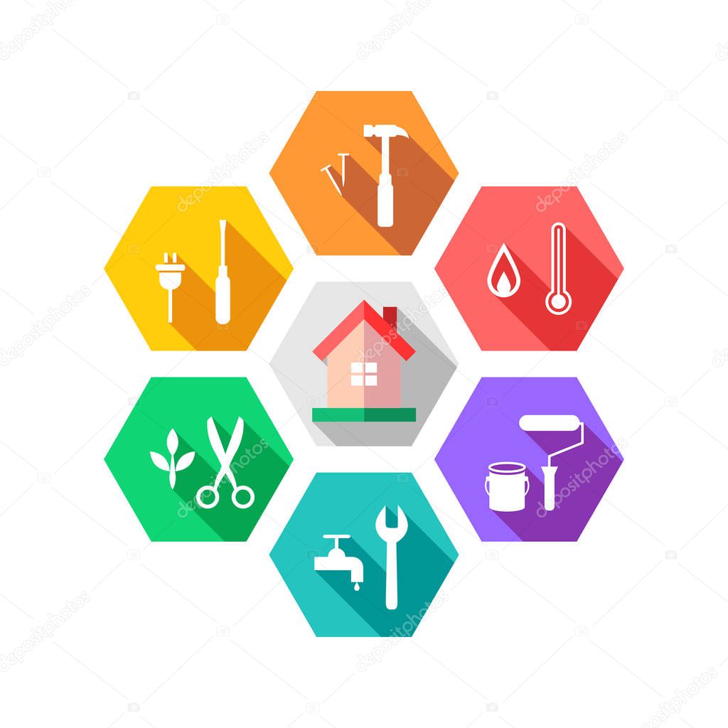 Maintenance and facility management concept with house and work tools around it. Colorful flat design with long shadow in hexagon shape.