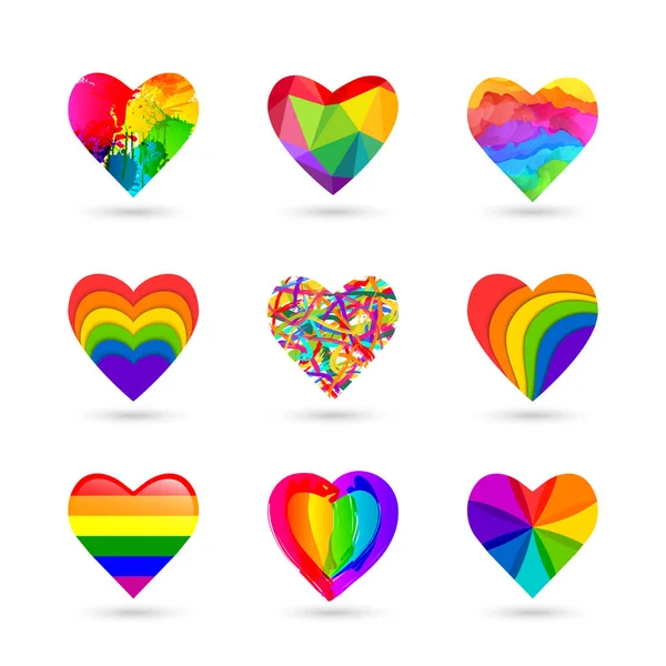 Conjunto Iconos Corazón Colorido Colores Del Arco Iris Varias Formas — Archivo Imágenes Vectoriales