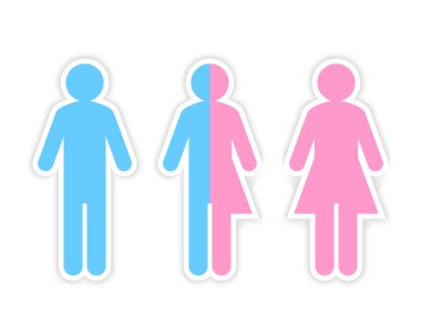 Üçüncü cinsiyet ve seks konsepti yarı erkek, yarı kadın resimtogramından oluşuyor. Etiket ve tasarım ögesi.