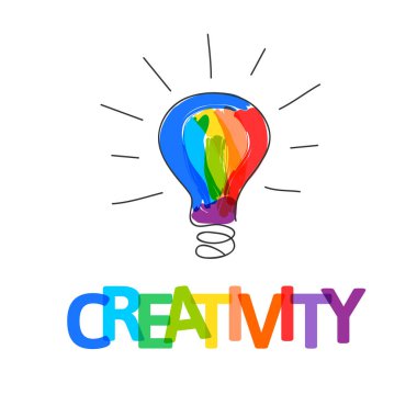 Renkli ampullü yaratıcılık kavramı. Yaratıcı fikir sembolü olarak boya darbeleriyle dolu el çizimi karalama ampulü. 
