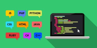 Çeşitli programlama dilleri kavramı. Dizüstü bilgisayar, kod ve konuşma baloncukları renkli düz tasarım.