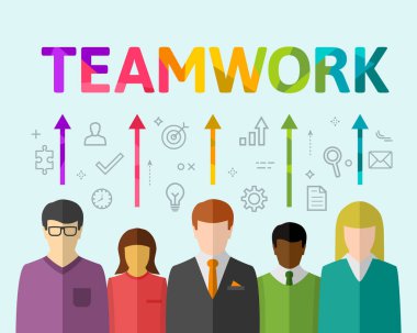 Çeşitli insanlarla takım çalışması konsepti. Renkli düz tasarımda vektör illüstrasyonu.