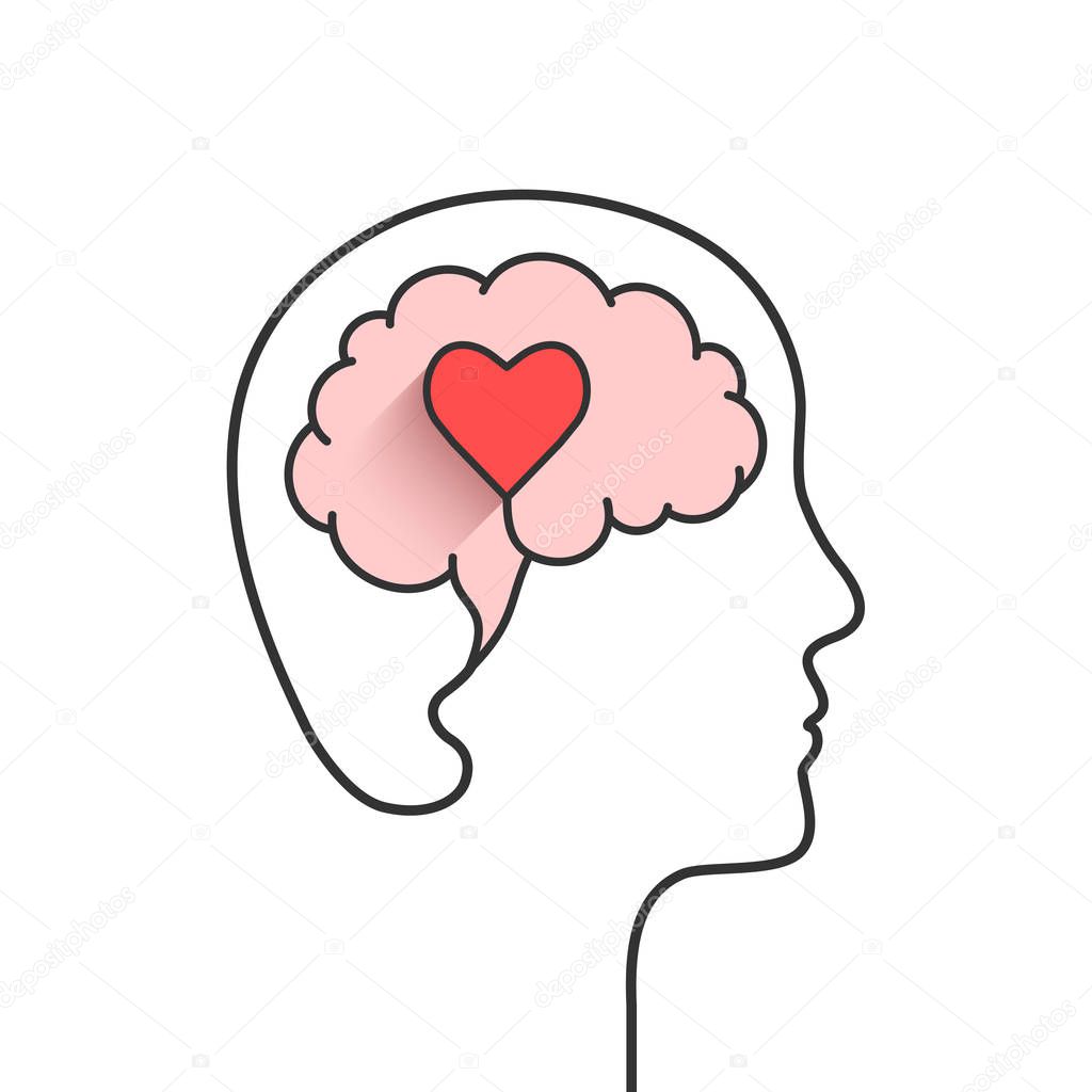 Human head and brain silhouette with heart shape as love, mental health or emotional intelligence concept