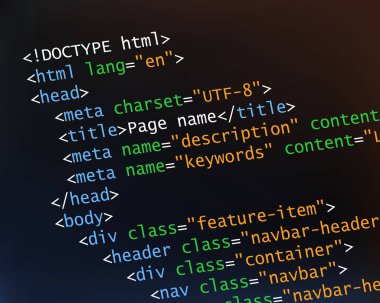 Html kaynak kodlu kodlama ve programlama kavramı. Eğimli vektör illüstrasyonu.