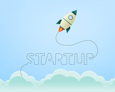 Gökyüzünde ve bulutların üstünde yükselen roket ile başlangıç konsepti. Noktalı iz çizgisi kelimenin kendisi anlamına geliyor. Soyut vektör illüstrasyonu.