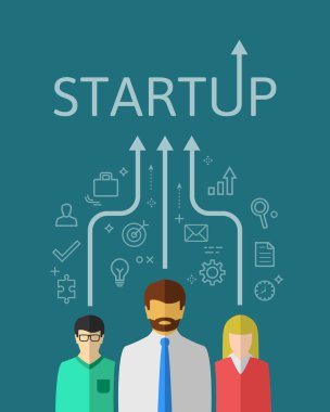 Düz tasarımda başlangıç takımı konsepti. İlgili ince çizgi simgeleri ve yukarı doğru hareket eden oklarla ilgili iş planı.