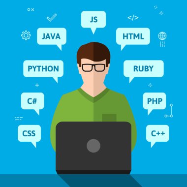 Bilgisayar üzerinde çalışan programcı. Programlama, kodlama ve geliştirme kavramı ile Css, C #, Python, Java, Javascript, Html, Ruby, Php, C + +. Düz tasarımda vektör illüstrasyonu.