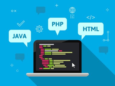 Örnek olarak Java, php ve html ile programlama ve kodlama kavramı. Soyut kodlu bilgisayar ekranı. Düz tasarımda vektör illüstrasyonu.