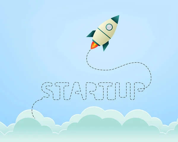 Startup Concept Rocket Rising Sky Clouds Dotted Trail Line Spells — 스톡 벡터