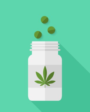 Daire dizaynında tıbbi marihuana konsepti. Esrar yapraklı hap şişesi ve açık yeşil arka planda tabletler.